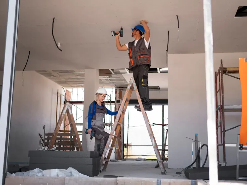 two-construction-workers-with-hard-hats-and-safety-vests-one-on-a-ladder-using-a-drill-the-other-steadies-the-ladder two-construction-workers-with-hard-hats-and-safety-vests-one-on-a-ladder-using-a-drill-the-other-steadies-the-ladder
